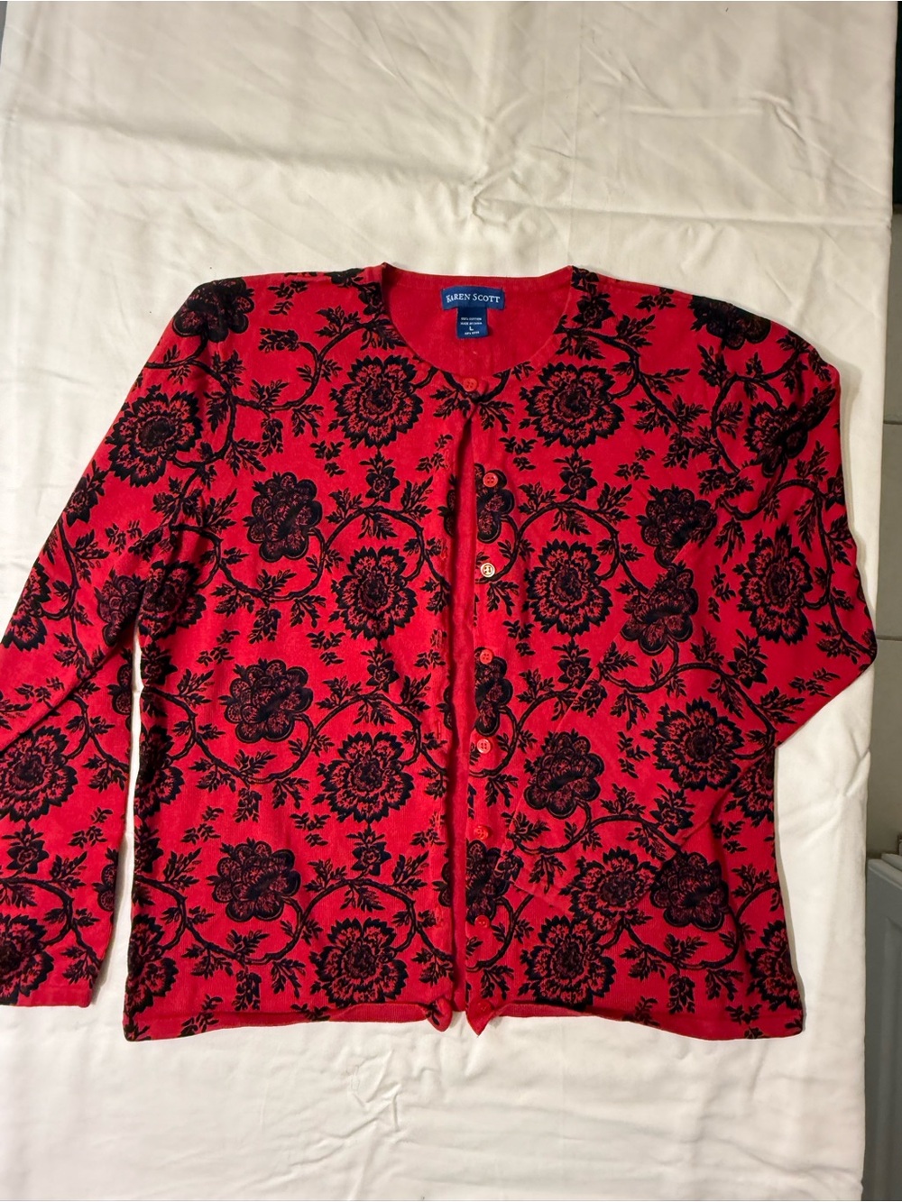 Karen Scott Red Cardigan with Black Floral Pattern